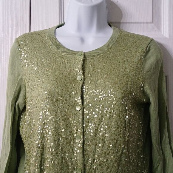 Talbots green sequin front lightweight silk blend cardigan Sz S NWOT - Picture 3 of 8